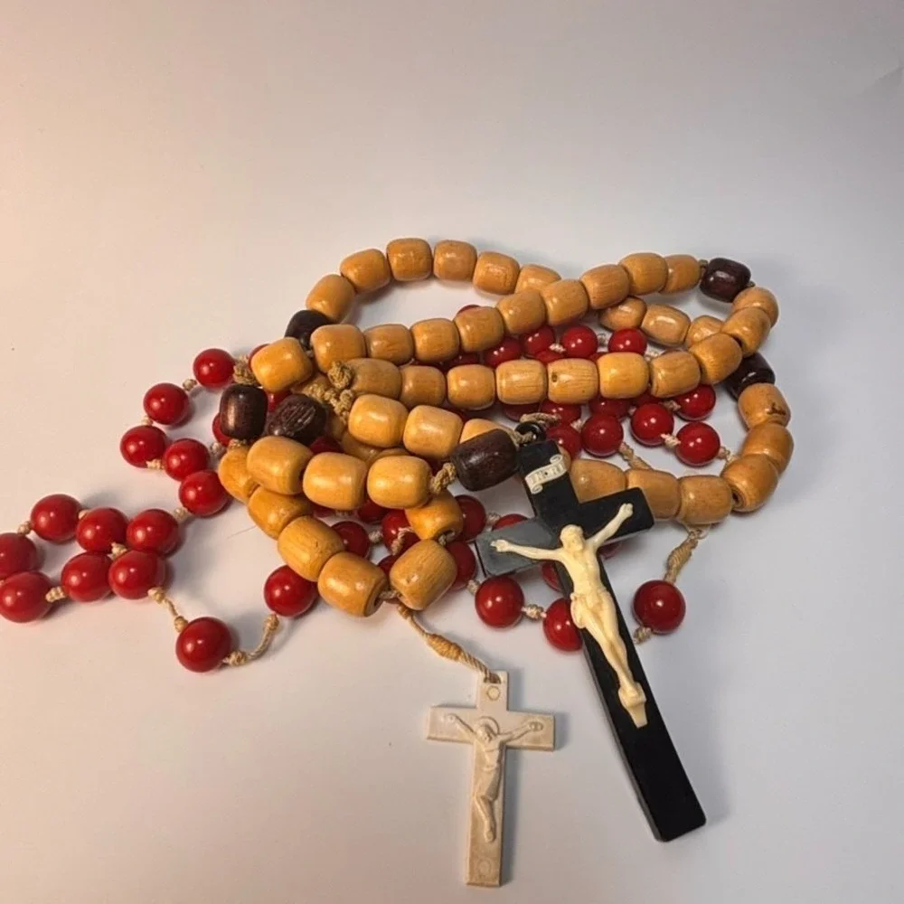 Vintage Wall Rosary Lot‎ Wood Acrylic 33 in Hand Tied